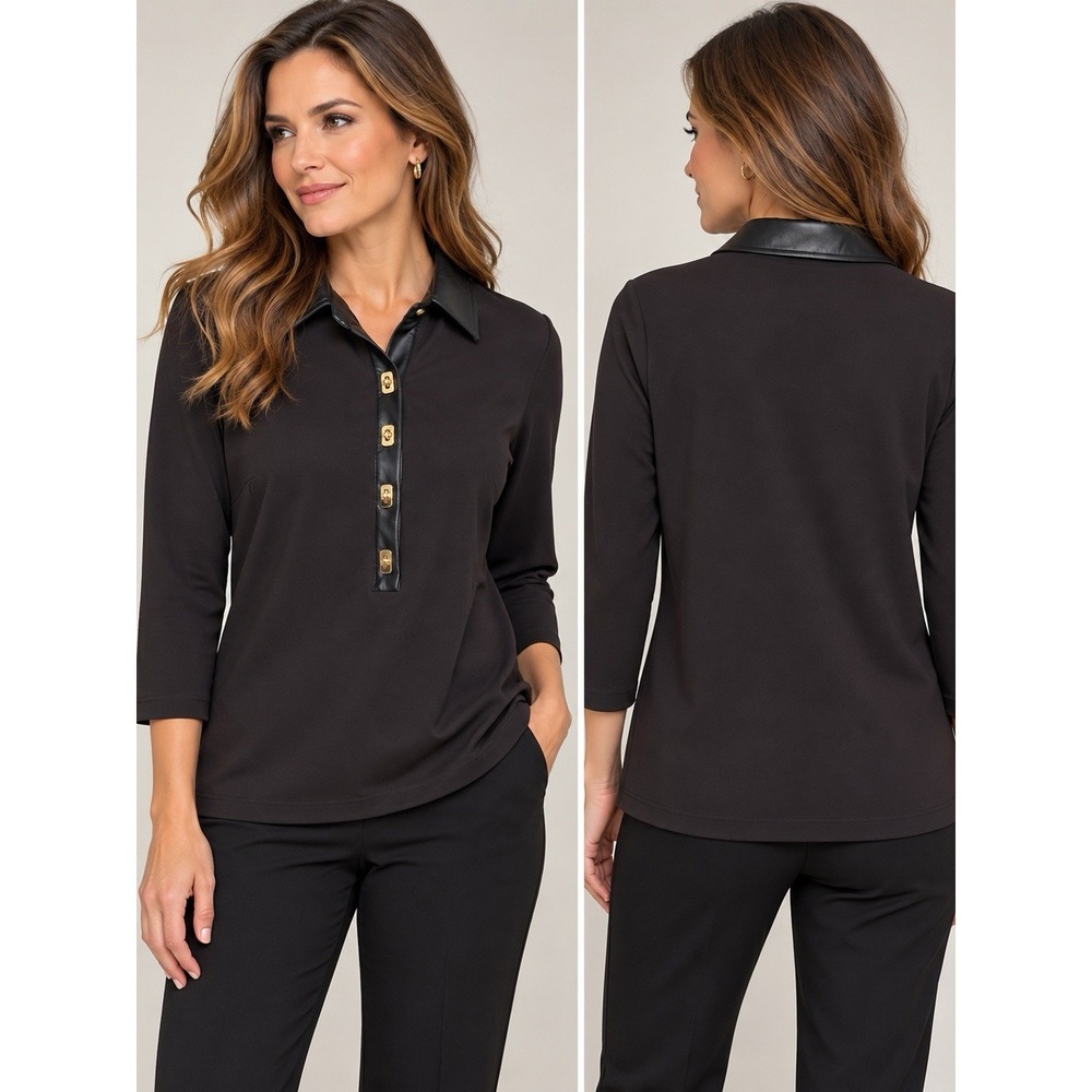 J McLaughlin Nadine Top Brown Faux Leather Collar Stretch Old Money Turn Clasp M